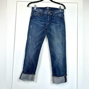 7 For All Mankind Cropped Chain Detail Dark Wash Cotton Cuffed Jeans Size 25